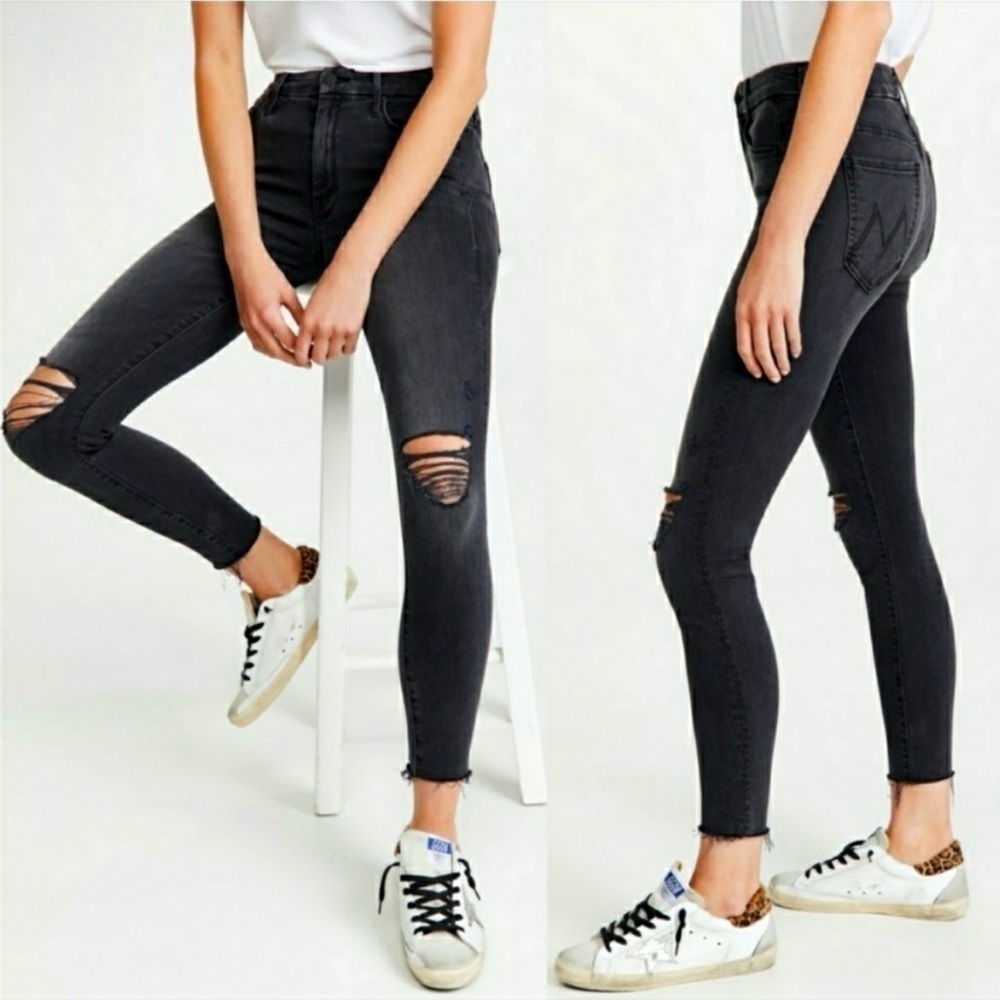 MOTHER Looker Ankle Fray Jeans Guilty as Sin Distressed Black Washed Sz 24